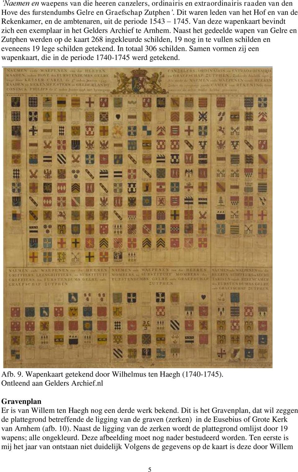 Naast het gedeelde wapen van Gelre en Zutphen werden op de kaart 268 ingekleurde schilden, 19 nog in te vullen schilden en eveneens 19 lege schilden getekend. In totaal 306 schilden.