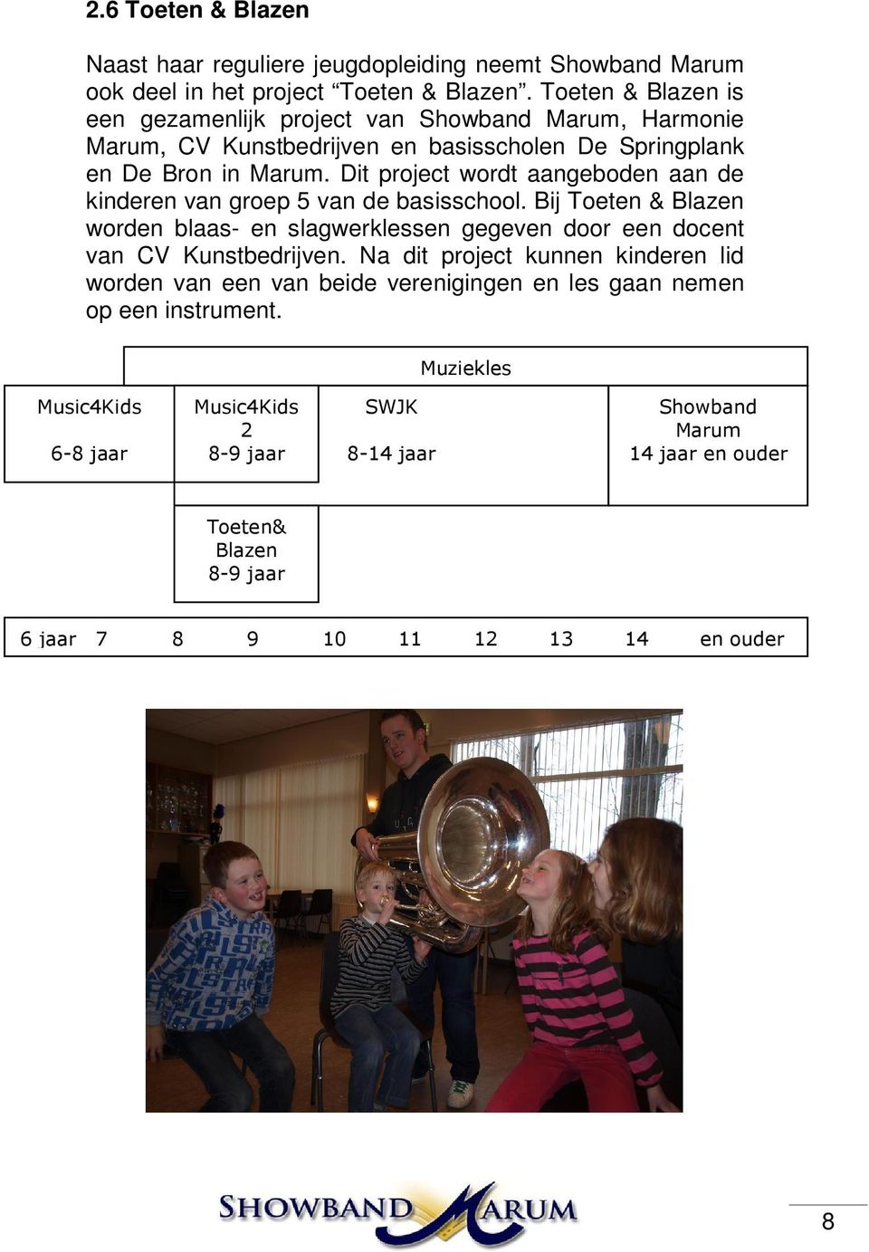 Dit project wordt aangeboden aan de kinderen van groep 5 van de basisschool. Bij Toeten & Blazen worden blaas- en slagwerklessen gegeven door een docent van CV Kunstbedrijven.