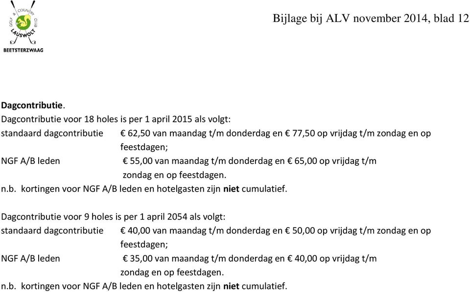 55,00 van maandag t/m donderdag en 65,00 op vrijdag t/m zondag en op feestdagen. n.b. kortingen voor NGF A/B leden en hotelgasten zijn niet cumulatief.