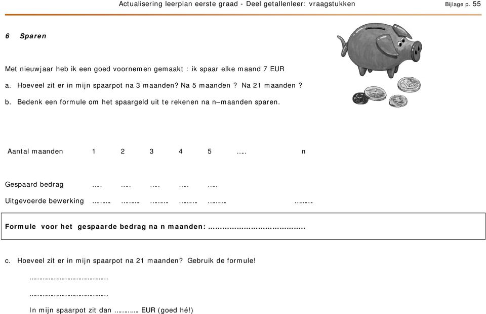 Bedenk een formule om het spaargeld uit te rekenen na n maanden sparen. Aantal maanden 1 2 3 4 5.. n Gespaard bedrag.