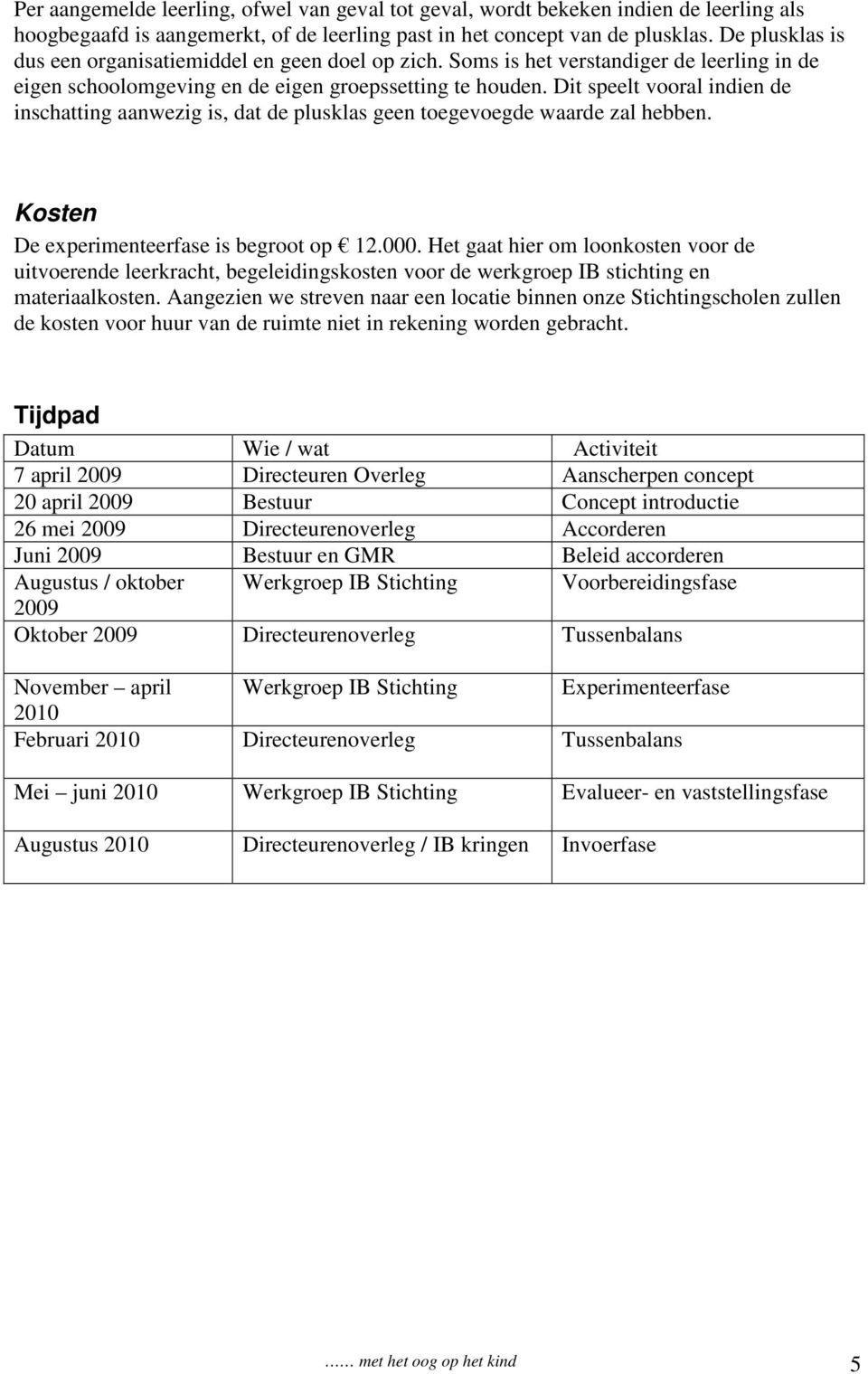 Dit speelt vooral indien de inschatting aanwezig is, dat de plusklas geen toegevoegde waarde zal hebben. Kosten De experimenteerfase is begroot op 12.000.