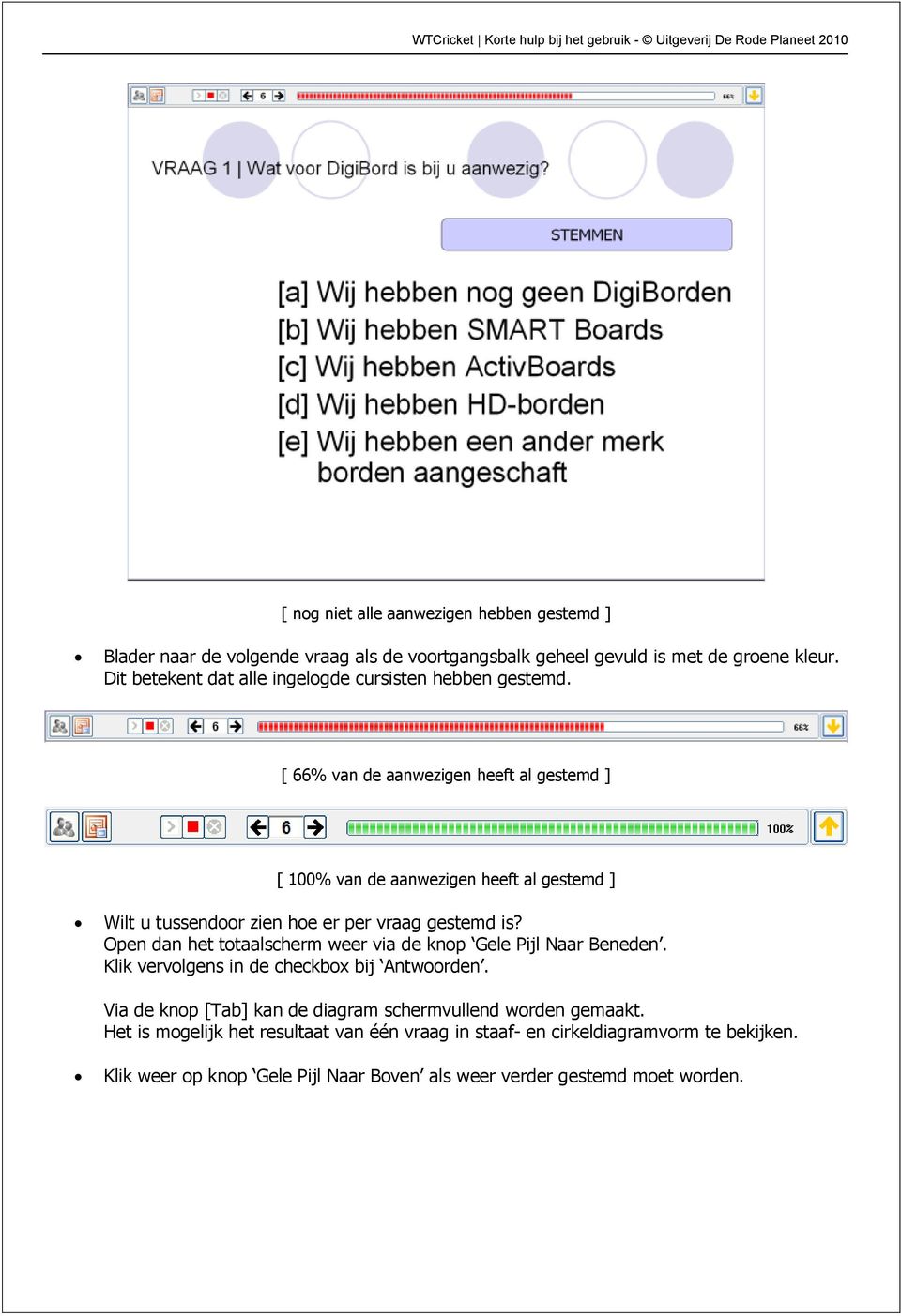 [ 66% van de aanwezigen heeft al gestemd ] [ 100% van de aanwezigen heeft al gestemd ] Wilt u tussendr zien he er per vraag gestemd is?