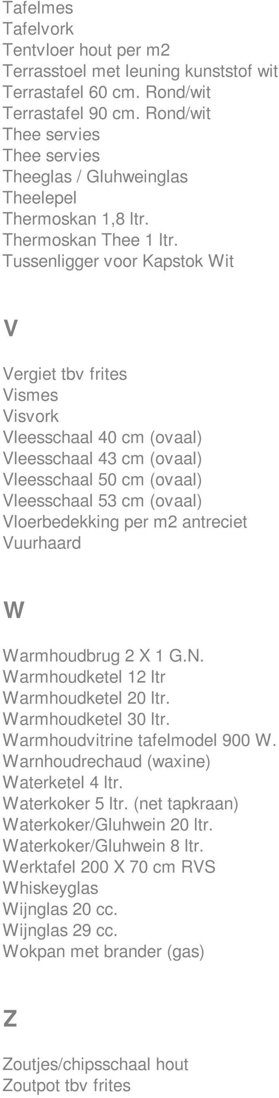 Tussenligger voor Kapstok Wit V Vergiet tbv frites Vismes Visvork Vleesschaal 40 cm (ovaal) Vleesschaal 43 cm (ovaal) Vleesschaal 50 cm (ovaal) Vleesschaal 53 cm (ovaal) Vloerbedekking per m2