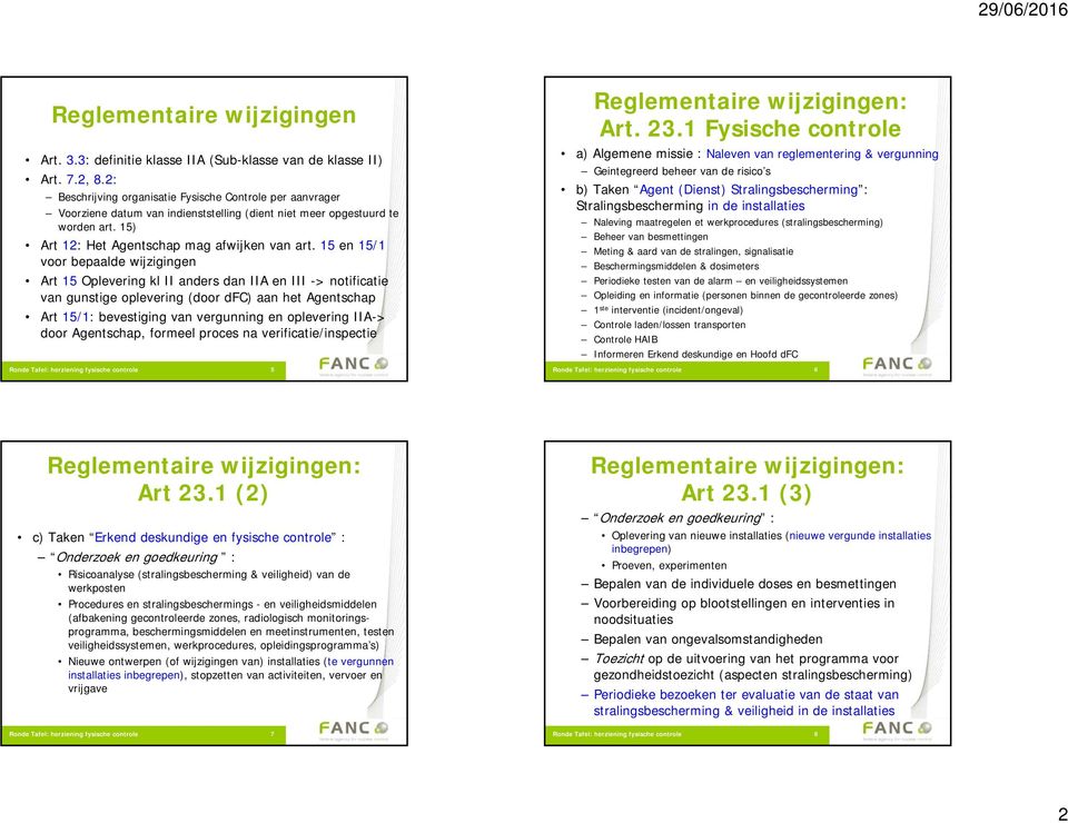 15 en 15/1 voor bepaalde wijzigingen Art 15 Oplevering kl II anders dan IIA en III -> notificatie van gunstige oplevering (door dfc) aan het Agentschap Art 15/1: bevestiging van vergunning en