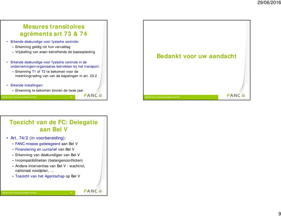 2 Bedankt voor uw aandacht Erkende installingen: Erkenning te bekomen binnen de twee jaar 33 Toezicht van de FC: Delegatie aan Bel V Art.