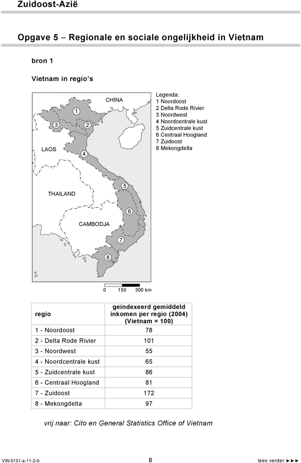 gemiddeld regio inkomen per regio (004) (Vietnam = 100) 1 - Noordoost 78 - Delta Rode Rivier 101 3 - Noordwest 55 4 - Noordcentrale kust 65 5 -