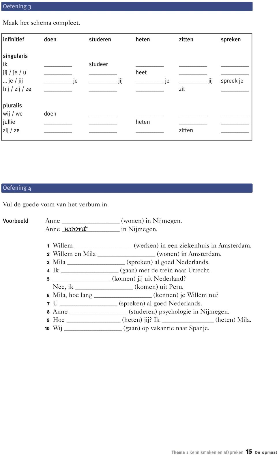 Oefening 4 Vul de goede vorm van het verbum in. Voorbeeld Anne (wonen) in Nijmegen. Anne woont in Nijmegen. 1 Willem (werken) in een ziekenhuis in Amsterdam. 2 Willem en Mila (wonen) in Amsterdam.