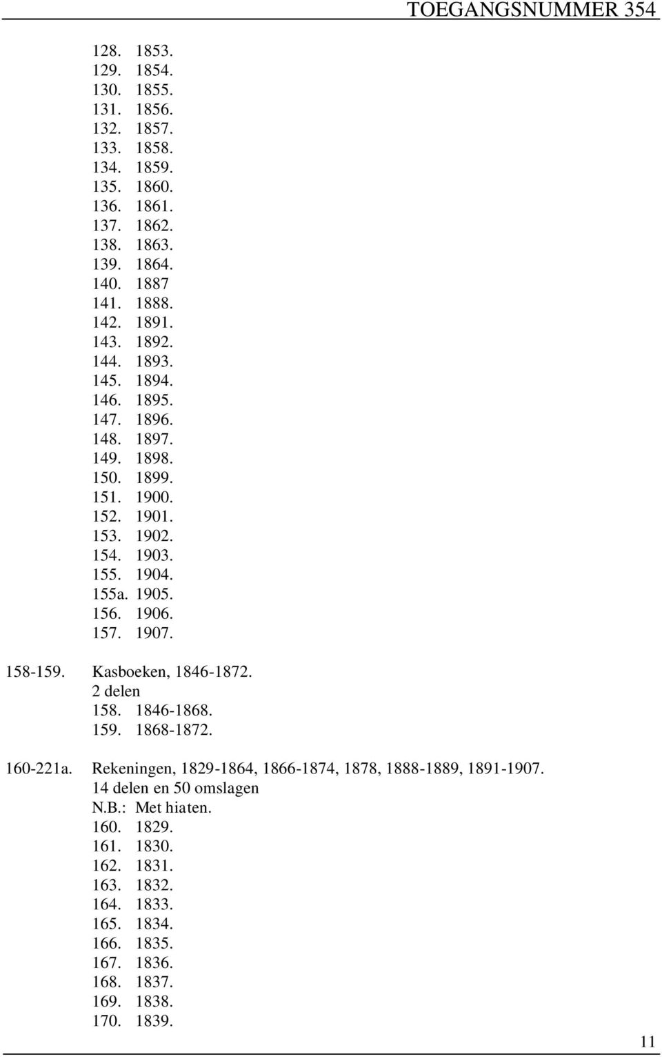 1906. 157. 1907. 158-159. Kasboeken, 1846-1872. 2 delen 158. 1846-1868. 159. 1868-1872. 160-221a. Rekeningen, 1829-1864, 1866-1874, 1878, 1888-1889, 1891-1907.