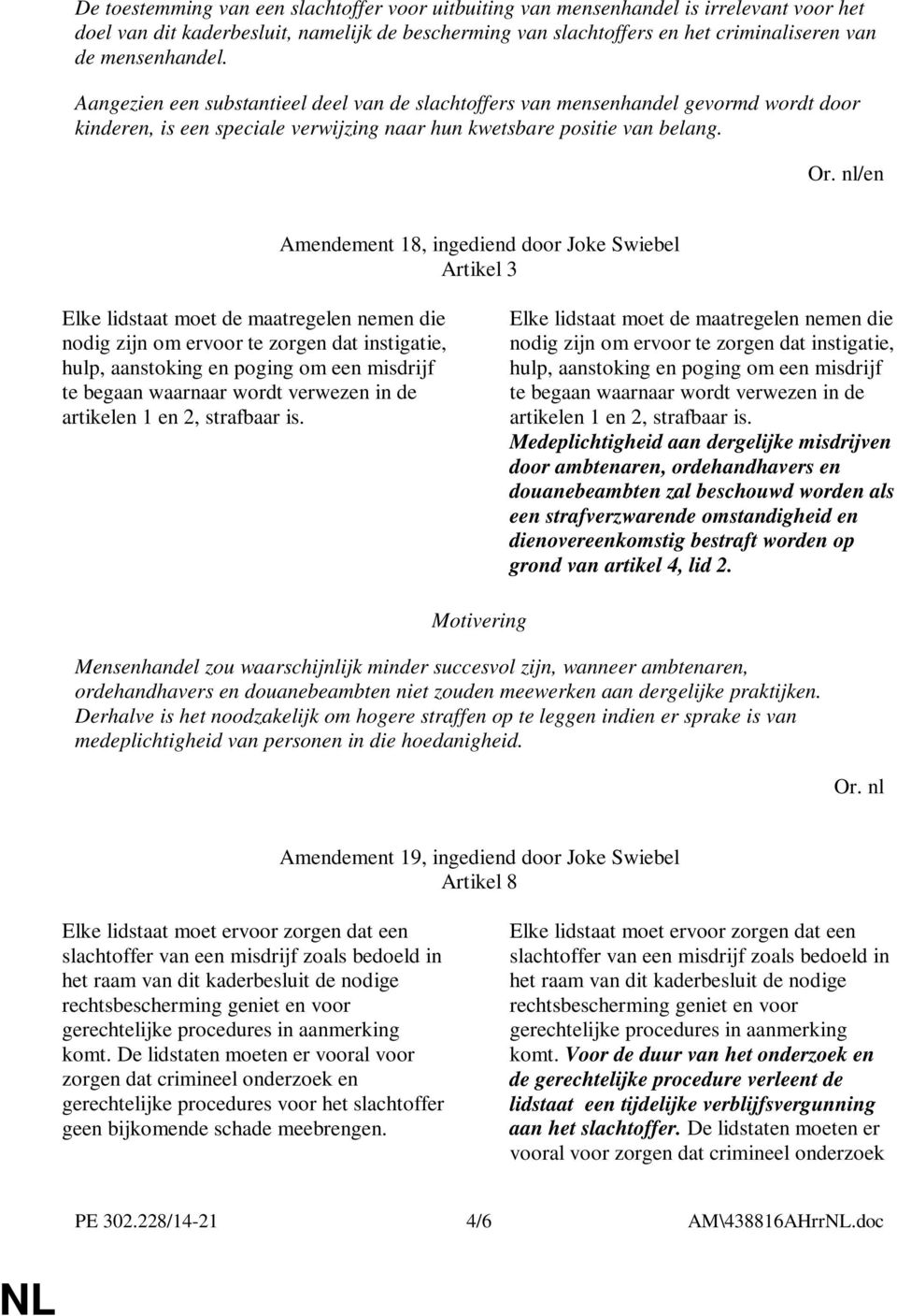 nl/en Amendement 18, ingediend door Joke Swiebel Artikel 3 Elke lidstaat moet de maatregelen nemen die nodig zijn om ervoor te zorgen dat instigatie, hulp, aanstoking en poging om een misdrijf te