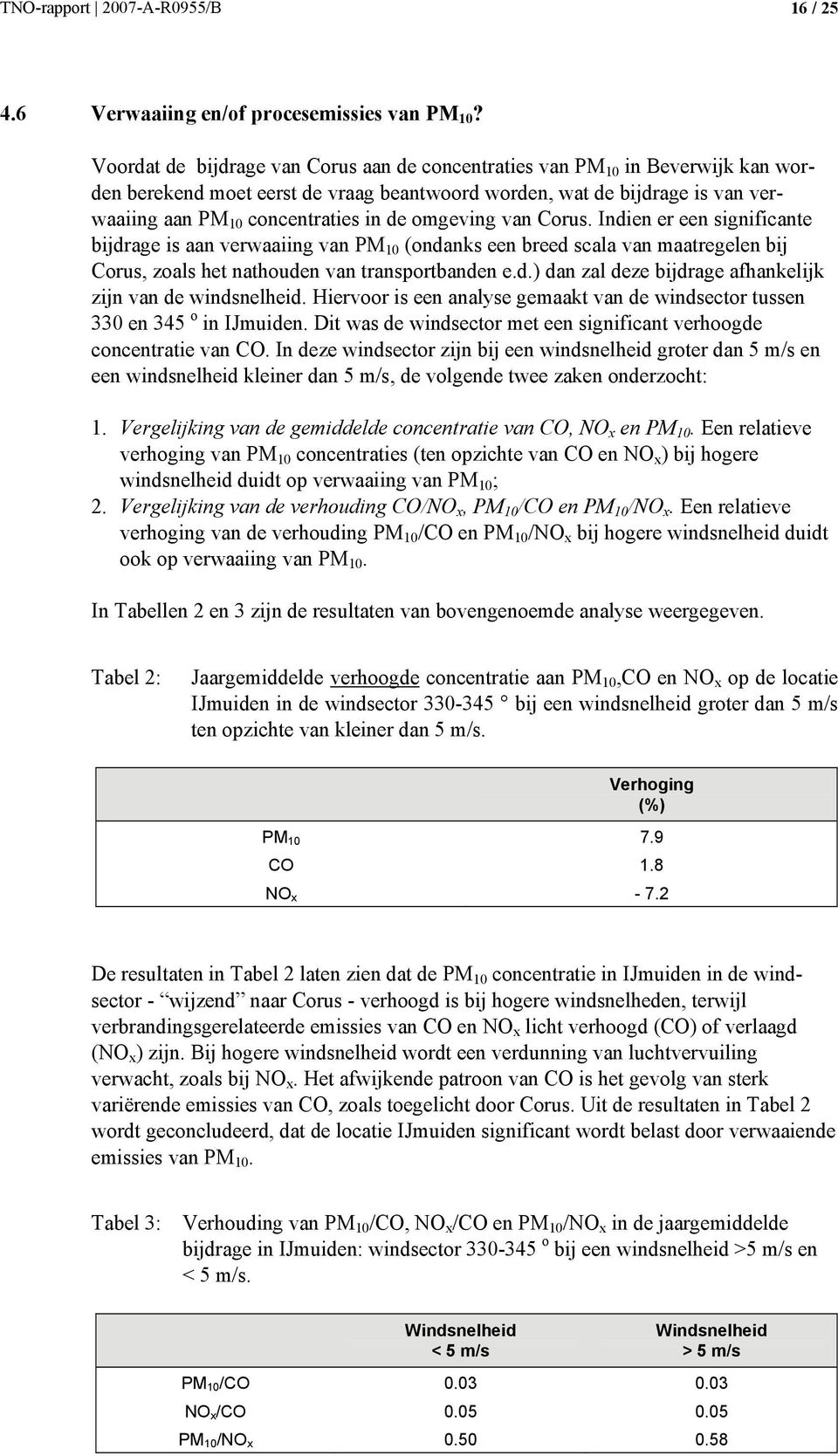 omgeving van Corus. Indien er een significante bijdrage is aan verwaaiing van PM 1 (ondanks een breed scala van maatregelen bij Corus, zoals het nathouden van transportbanden e.d.) dan zal deze bijdrage afhankelijk zijn van de windsnelheid.