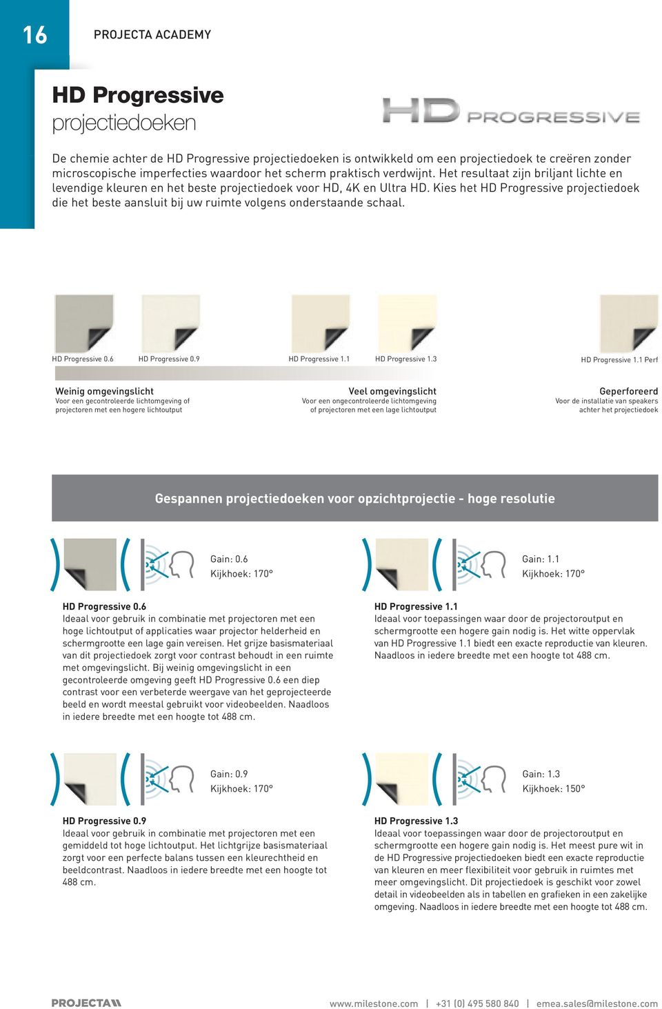 Kies het HD Progressive projectiedoek die het beste aansluit bij uw ruimte volgens onderstaande schaal. HD Progressive 0.6 HD Progressive 0.9 HD Progressive 1.1 HD Progressive 1.3 HD Progressive 1.