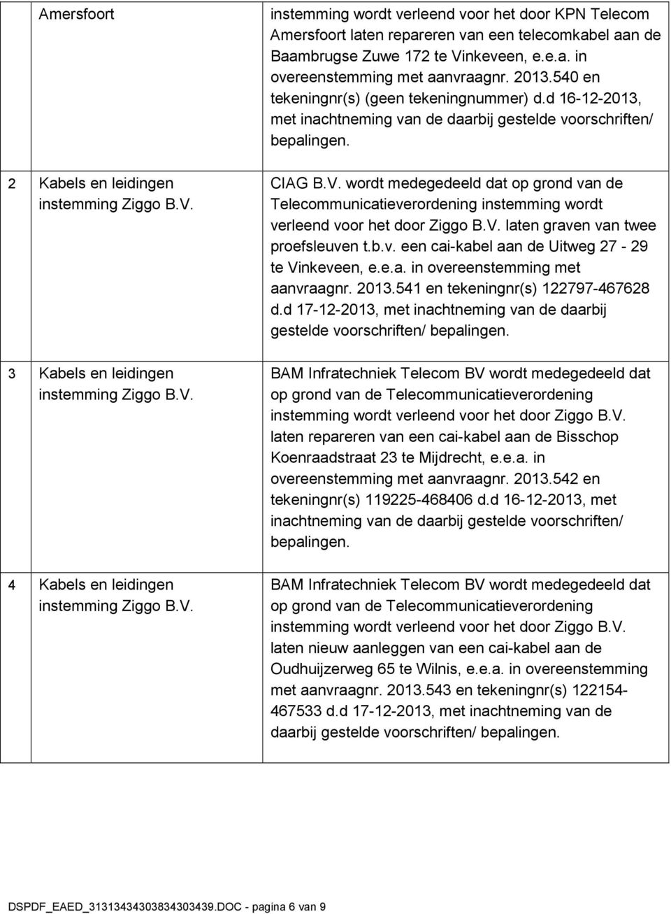 V. laten graven van twee proefsleuven t.b.v. een cai-kabel aan de Uitweg 27-29 te Vinkeveen, e.e.a. in overeenstemming met aanvraagnr. 2013.541 en tekeningnr(s) 122797-467628 d.