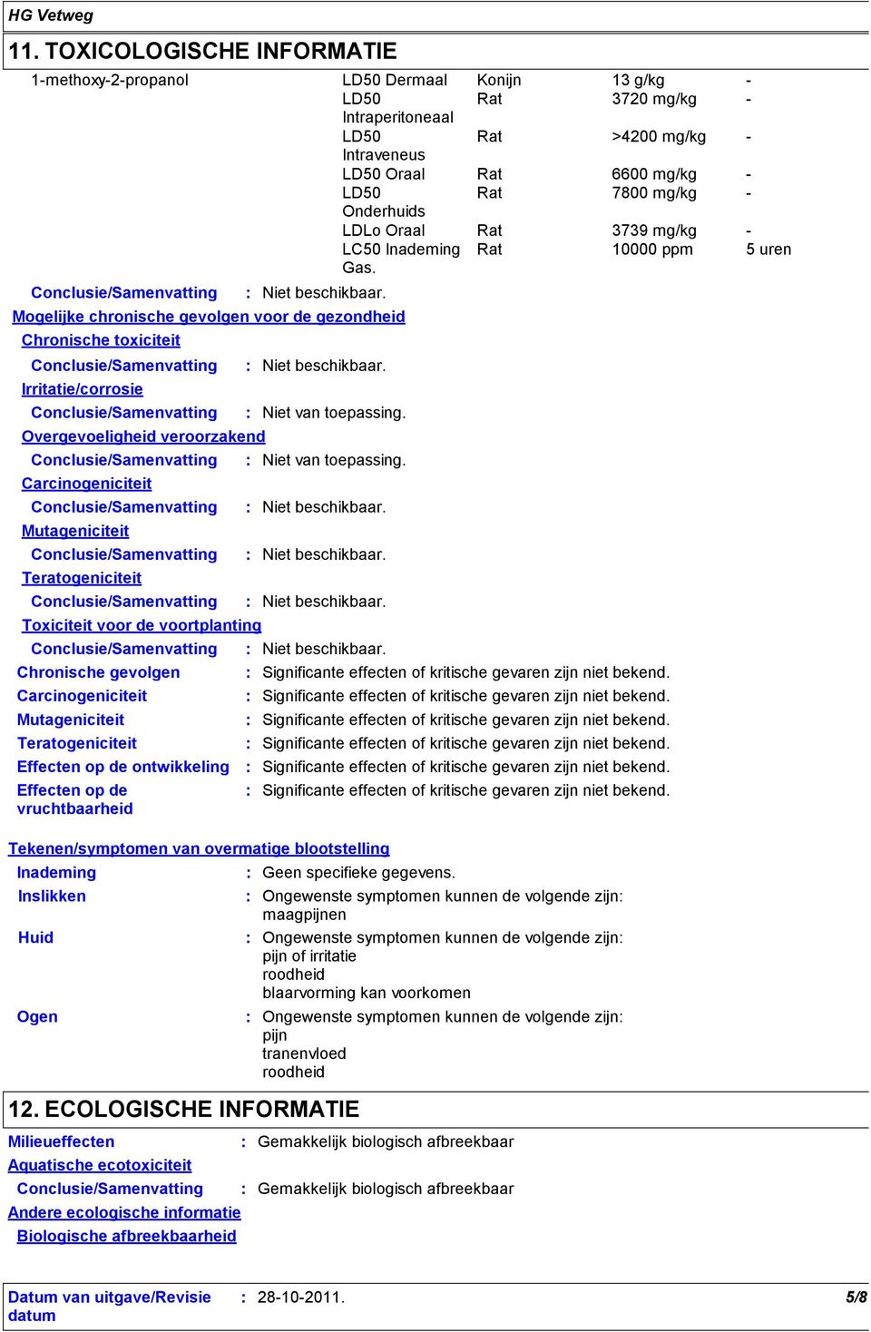 Rat 10000 ppm 5 uren Mogelijke chronische gevolgen voor de gezondheid Chronische toxiciteit Irritatie/corrosie Overgevoeligheid veroorzakend Carcinogeniciteit Mutageniciteit Teratogeniciteit