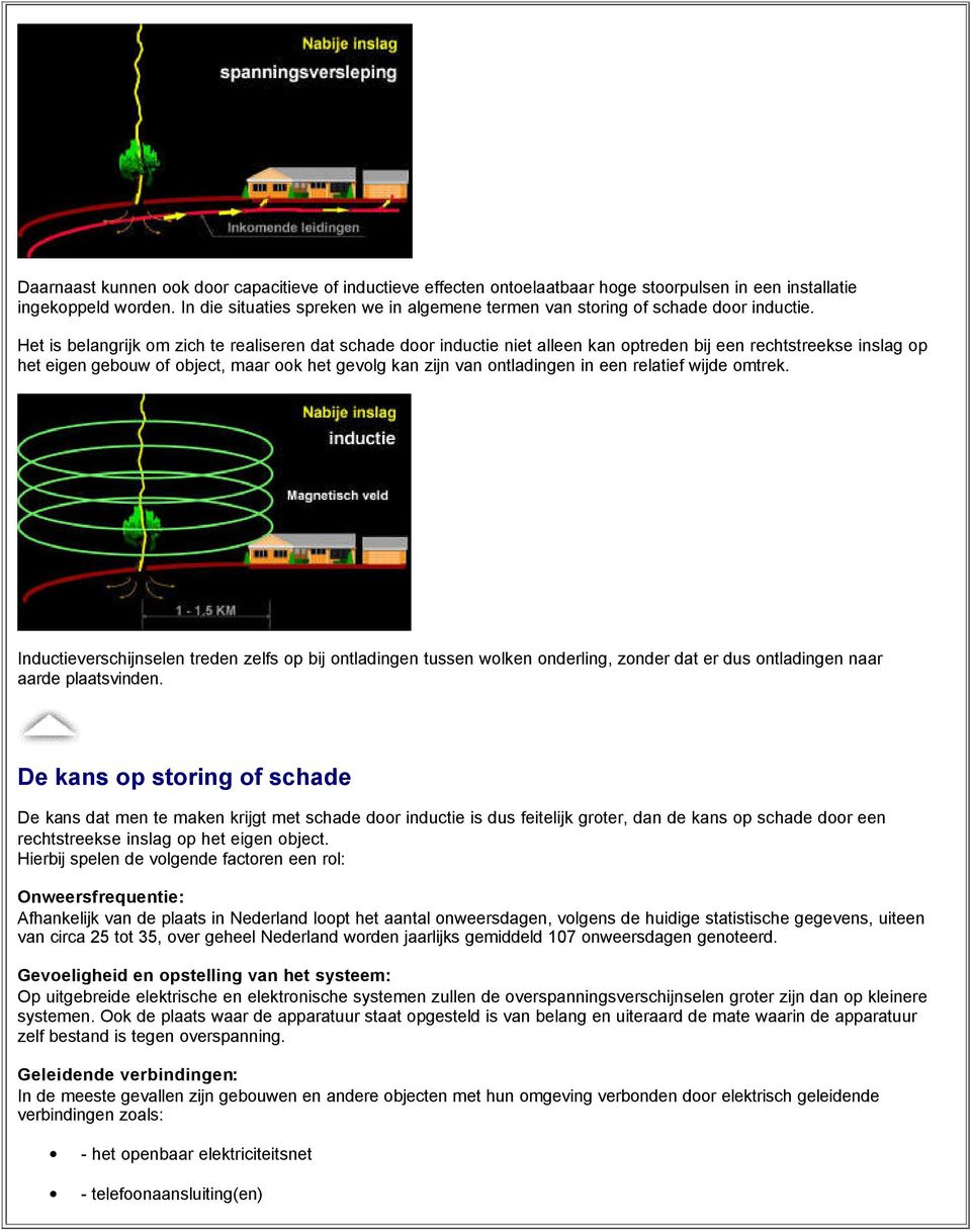 Het is belangrijk om zich te realiseren dat schade door inductie niet alleen kan optreden bij een rechtstreekse inslag op het eigen gebouw of object, maar ook het gevolg kan zijn van ontladingen in