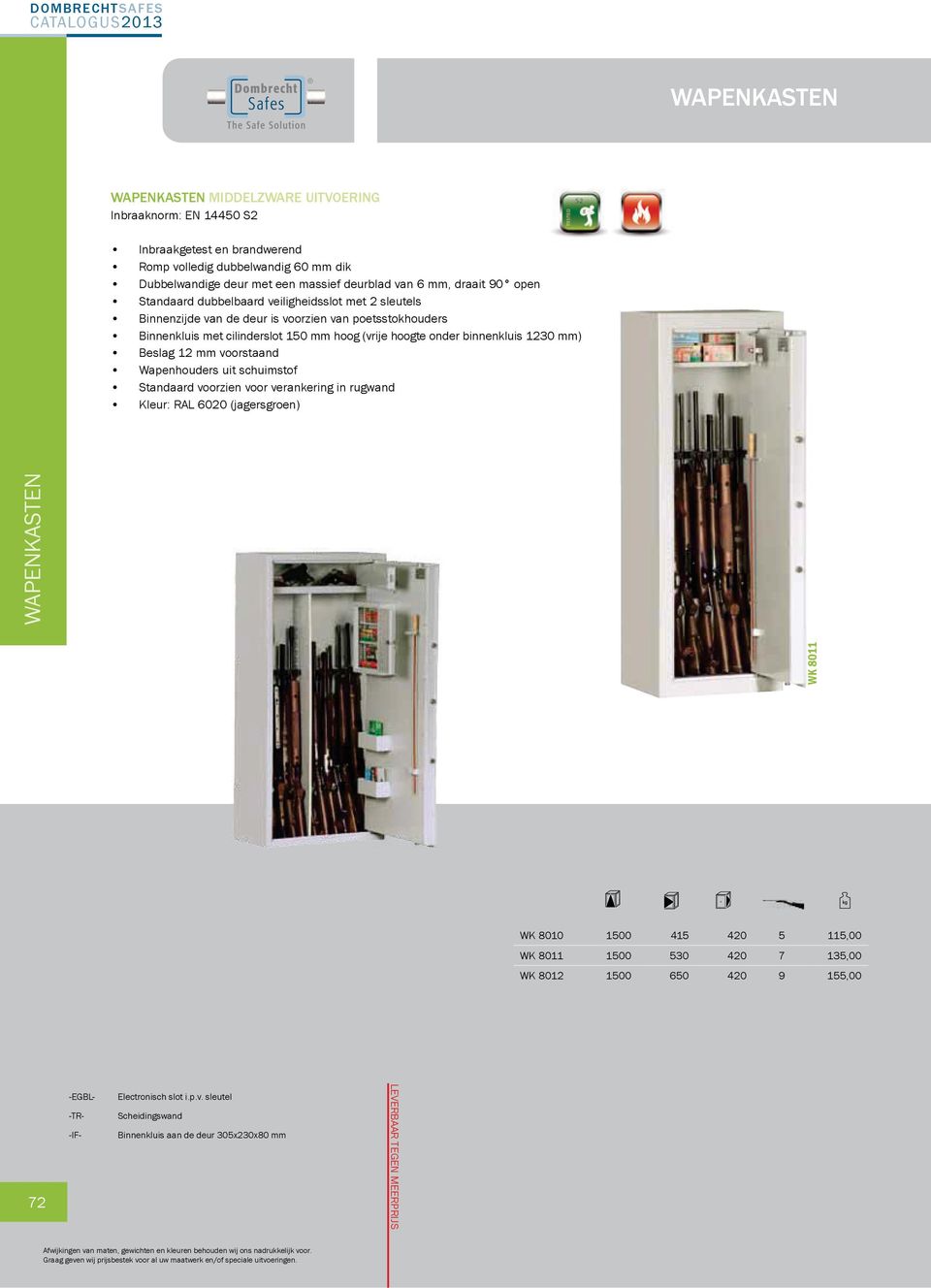 hoogte onder binnenkluis 1230 mm) Beslag 12 mm voorstaand Wapenhouders uit schuimstof Standaard voorzien voor verankering in rugwand Kleur: RAL 6020 (jagersgroen) WK 8011 WK 8010