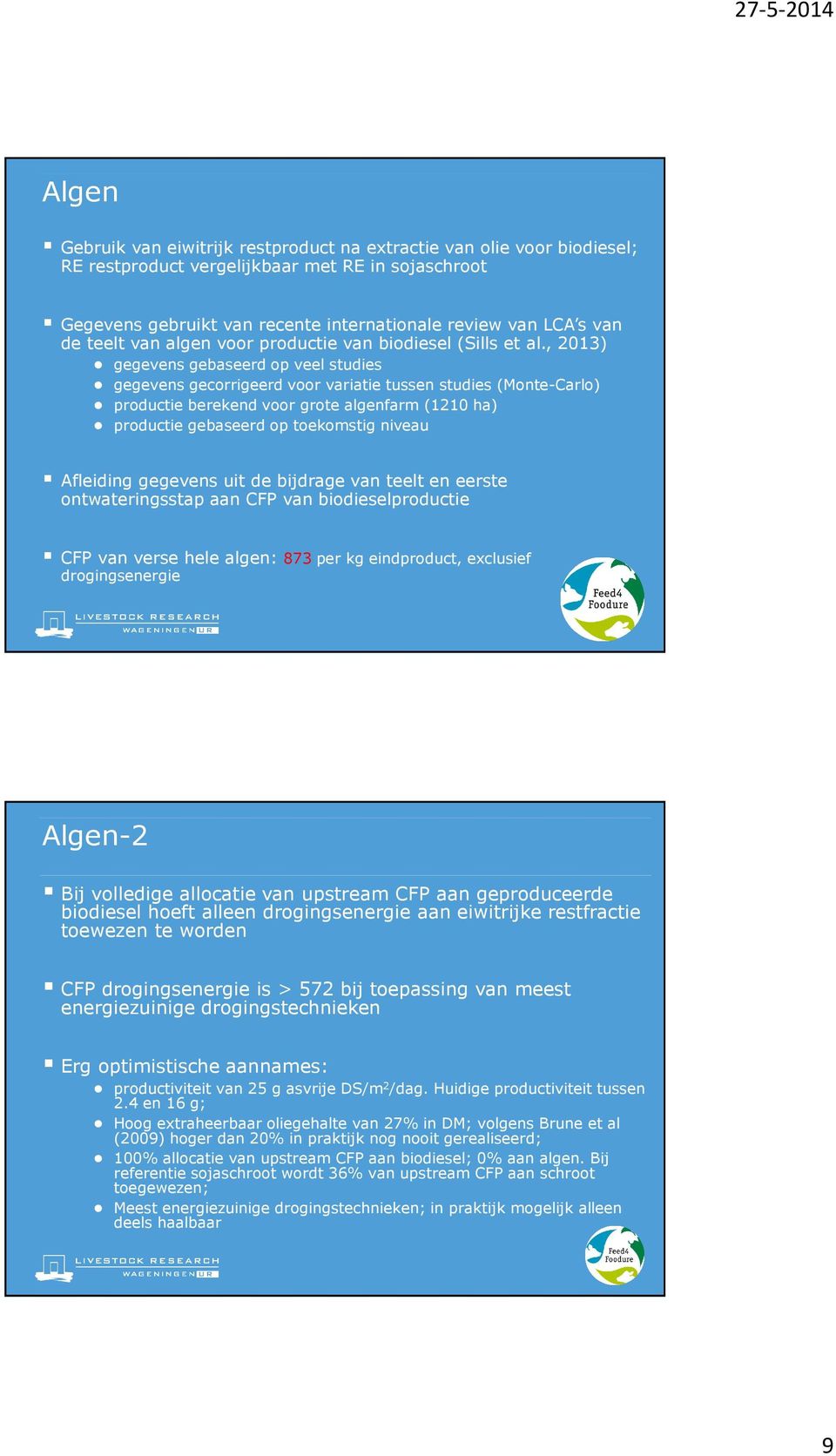 , 2013) gegevens gebaseerd op veel studies gegevens gecorrigeerd voor variatie tussen studies (Monte-Carlo) productie berekend voor grote algenfarm (1210 ha) productie gebaseerd op toekomstig niveau