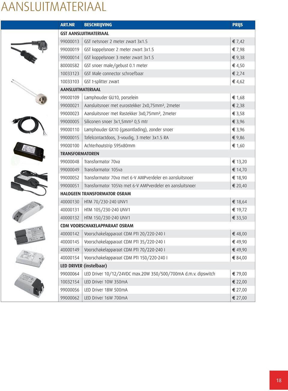 1 meter 4,50 10033123 GST Male connector schroefbaar 2,74 10033103 GST t-splitter zwart 4,62 AANSLUITMATERIAAL 99000109 Lamphouder GU10, porselein 1,68 99000021 Aansluitsnoer met eurostekker