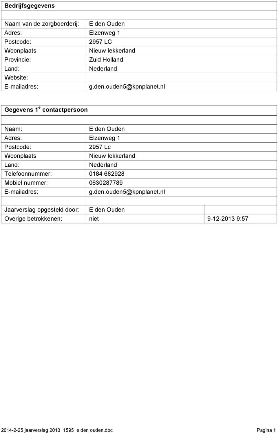 nl Gegevens 1 e contactpersoon Naam: E den Ouden Adres: Elzenweg 1 Postcode: 2957 Lc Woonplaats Nieuw lekkerland Land: Nederland