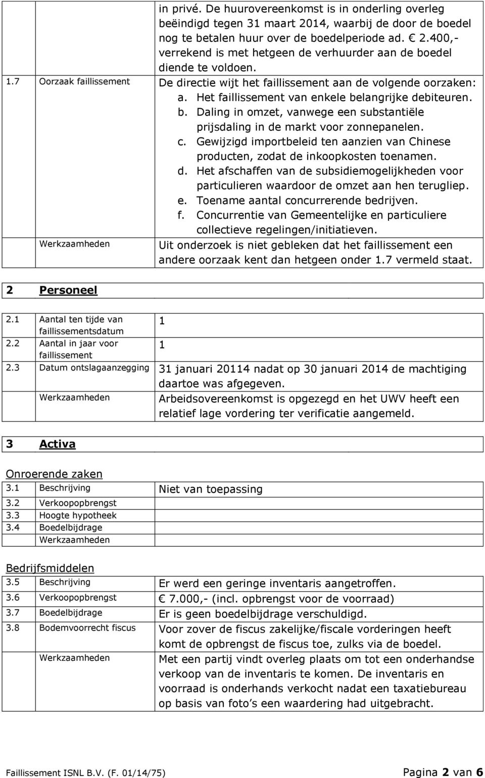 langrijke debiteuren. b. Daling in omzet, vanwege een substantiële prijsdaling in de markt voor zonnepanelen. c.