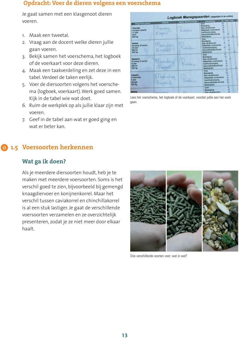 Voer de diersoorten volgens het voerschema (logboek, voerkaart). Werk goed samen. Kijk in de tabel wie wat doet. 6. Ruim de werkplek op als jullie klaar zijn met voeren. 7.