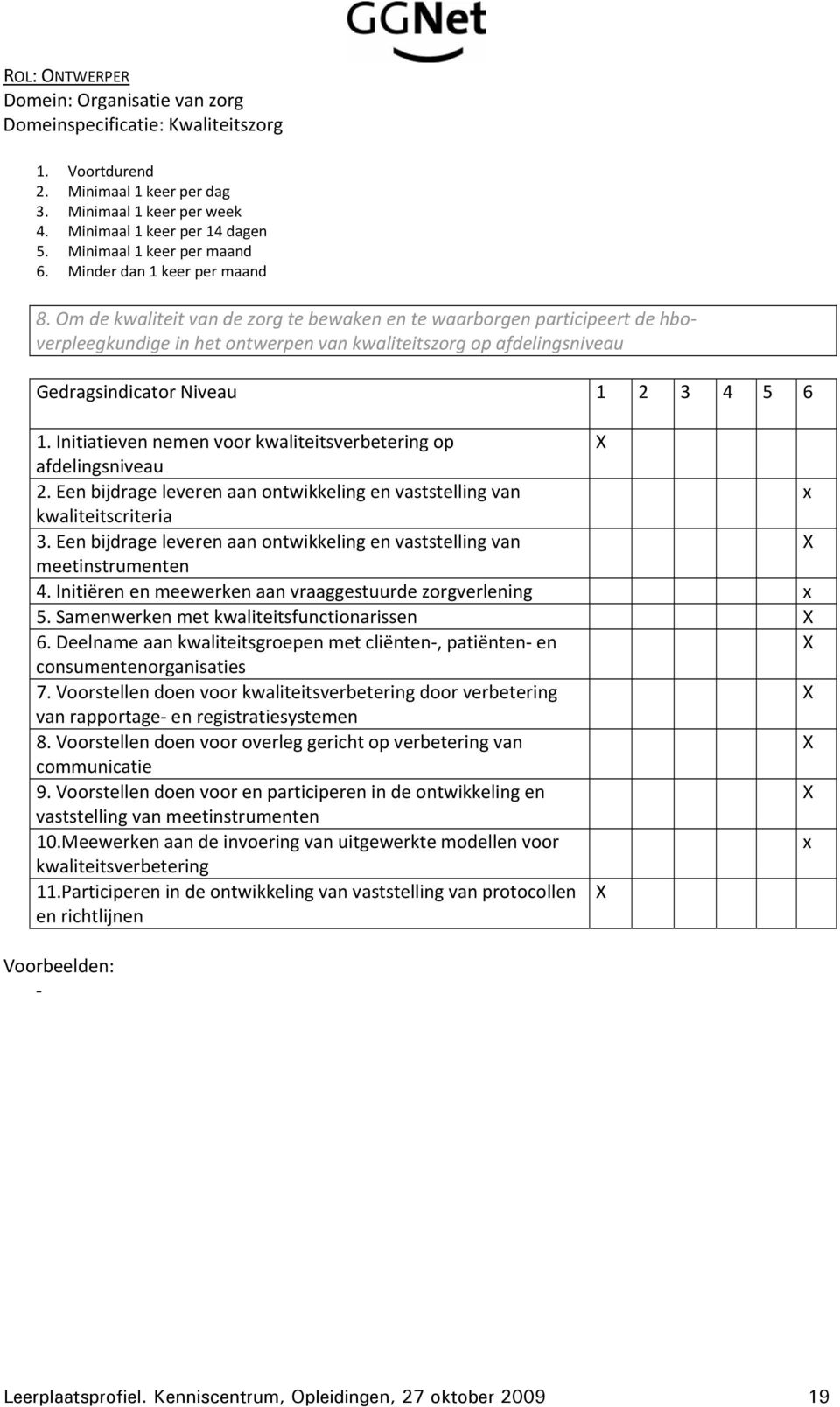 Initiatieven nemen voor kwaliteitsverbetering op afdelingsniveau 2. Een bijdrage leveren aan ontwikkeling en vaststelling van x kwaliteitscriteria 3.