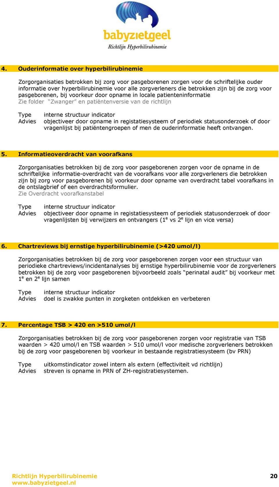 objectiveer door opname in registatiesysteem of periodiek statusonderzoek of door vragenlijst bij patiëntengroepen of men de ouderinformatie heeft ontvangen. 5.