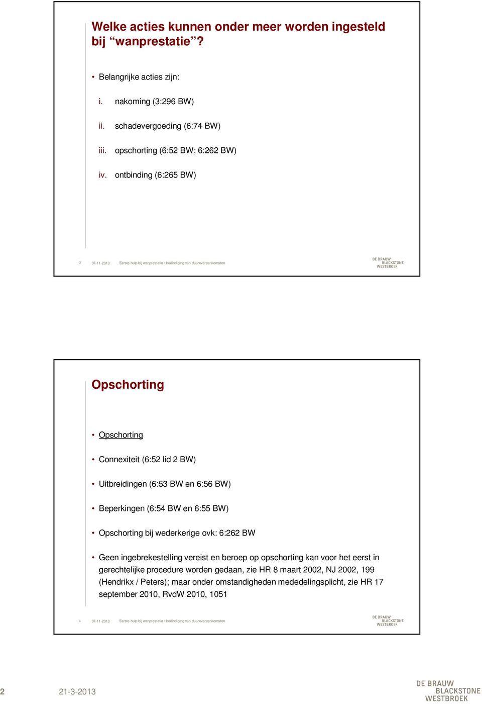 ontbinding (6:265 BW) 3 Opschorting Opschorting Connexiteit (6:52 lid 2 BW) Uitbreidingen (6:53 BW en 6:56 BW) Beperkingen (6:54 BW en 6:55 BW) Opschorting