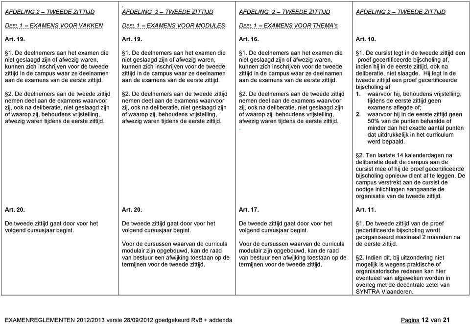 2. De deelnemers aan de tweede zittijd nemen deel aan de examens waarvoor zij, ook na deliberatie, niet geslaagd zijn of waarop zij, behoudens vrijstelling, afwezig waren tijdens de eerste zittijd. 1.