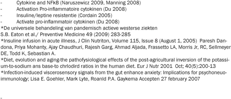 / Preventive Medicine 49 (2009) 283-285 *Insuline infusion in acute illness, J Clin Nutriton, Volume 115, Issue 8 (August 1, 2005) Paresh Dandona, Priya Mohanty, Ajay Chaudhuri, Rajesh Garg, Ahmad