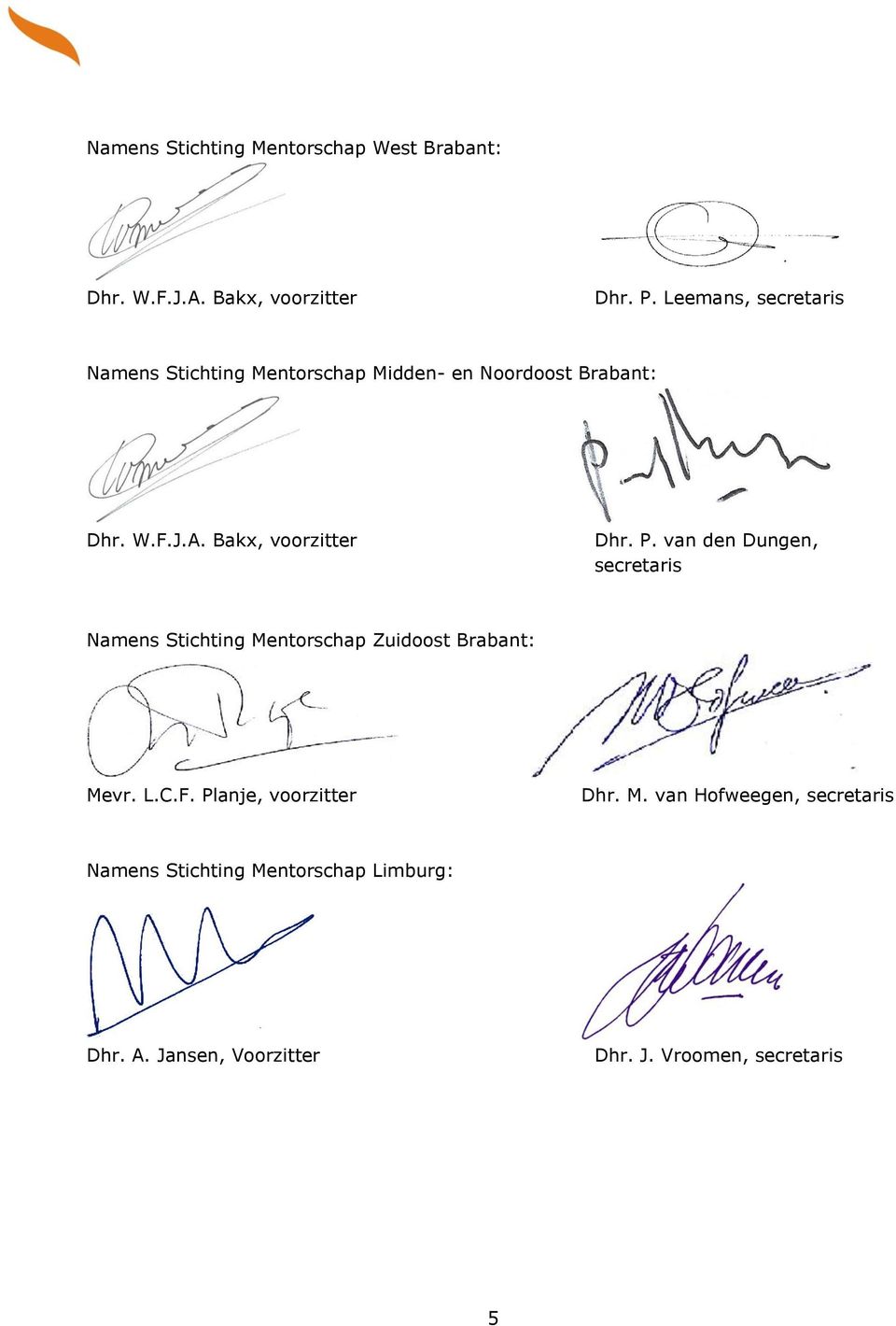 Bakx, voorzitter Dhr. P. van den Dungen, secretaris Namens Stichting Mentorschap Zuidoost Brabant: Mevr. L.C.