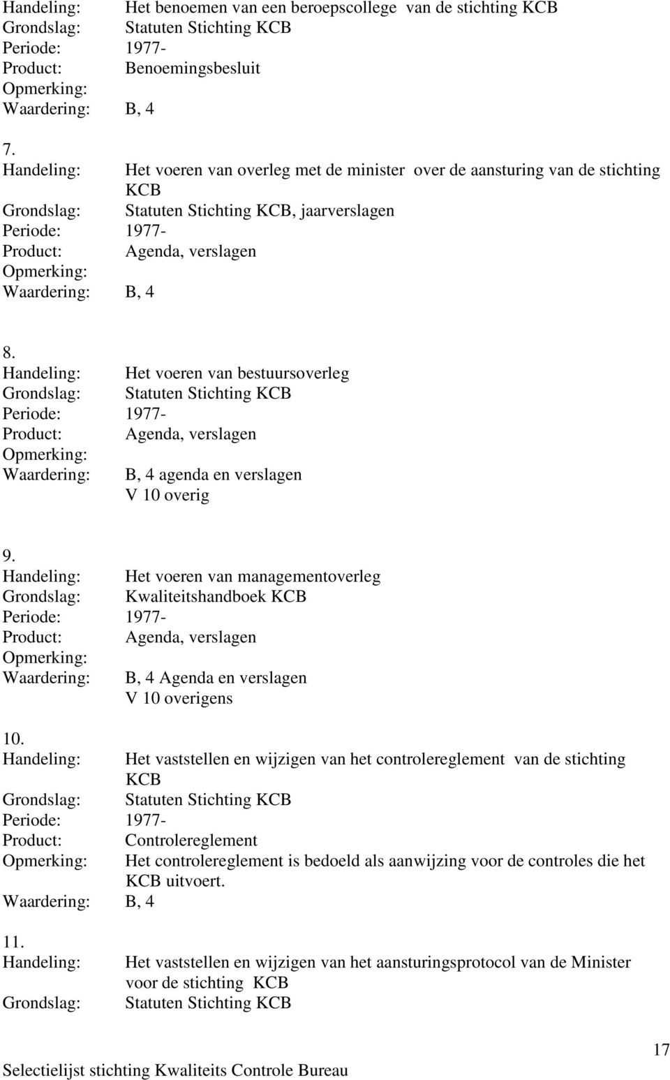 Handeling: Het voeren van bestuursoverleg Grondslag: Statuten Stichting KCB Product: Agenda, verslagen Waardering: B, 4 agenda en verslagen V 10 overig 9.