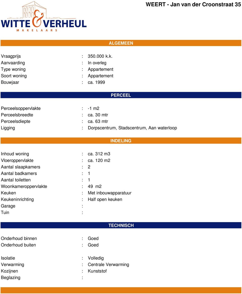 63 mtr Ligging : Dorpscentrum, Stadscentrum, Aan waterloop INDELING Inhoud woning : ca. 312 m3 Vloeroppervlakte : ca.