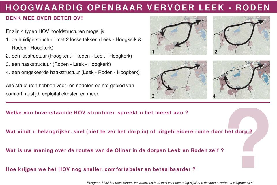 een omgekeerde haakstructuur (Leek - Roden - Hoogkerk) 1 2 Alle structuren hebben voor- en nadelen op het gebied van comfort, reistijd, exploitatiekosten en meer.