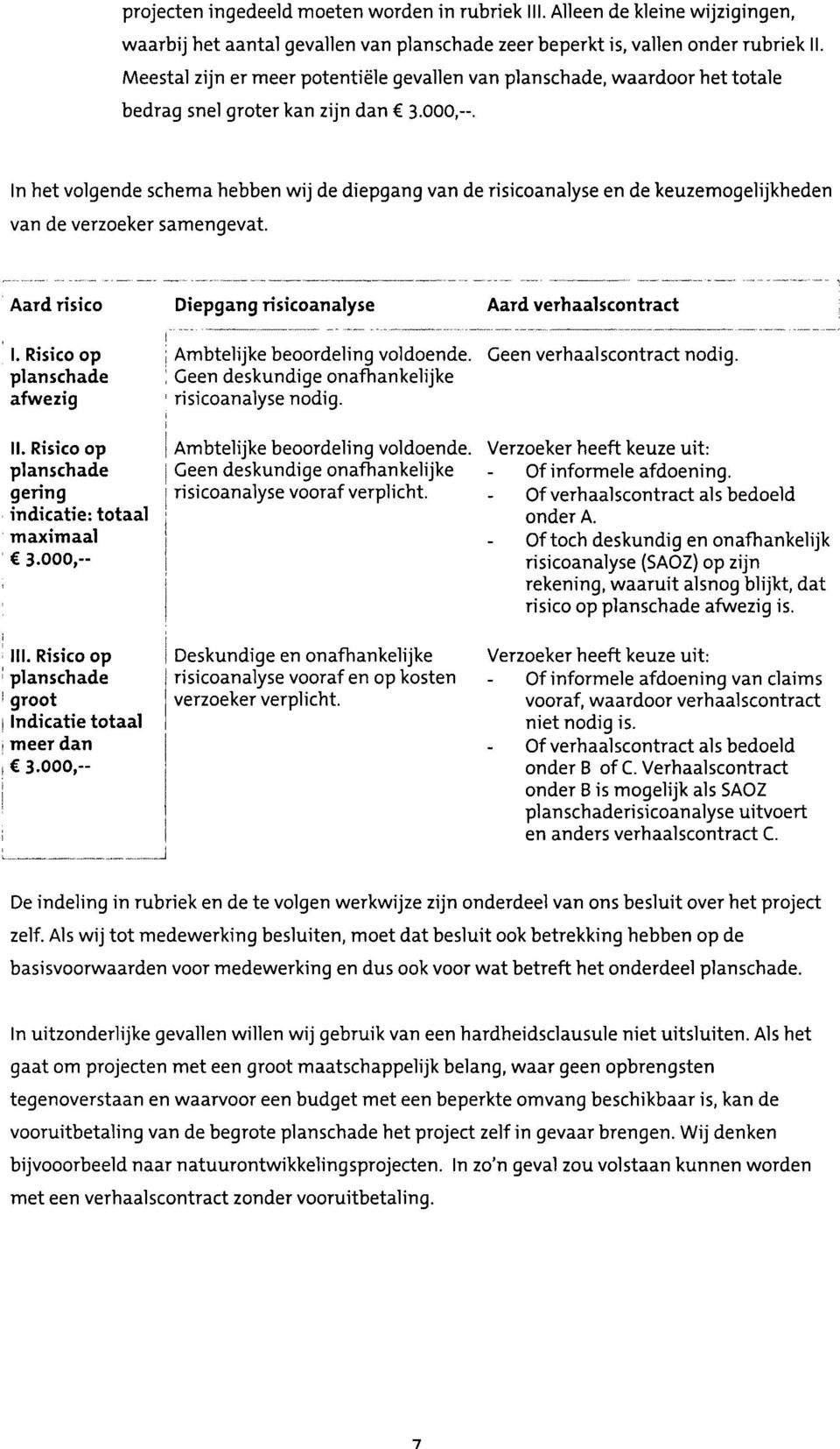 In het volgende schema hebben wij de diepgang van de risicoanalyse en de keuzemogelijkheden van de verzoeker samengevat. Aard risico Diepgang risicoanalyse Aard verhaalscontract I.