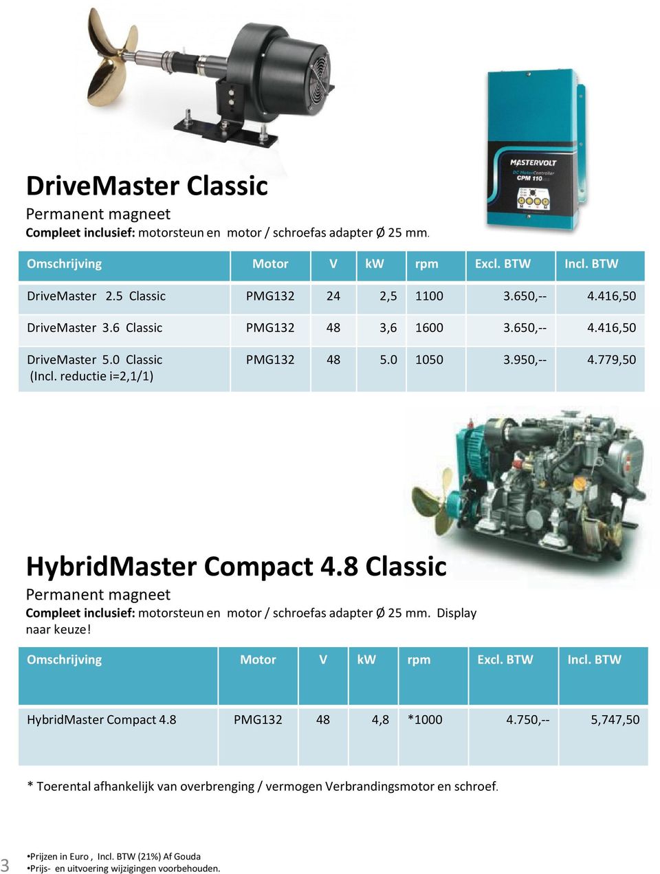 779,50 HybridMaster Compact 4.8 Classic Permanent magneet Compleet inclusief:motorsteun en motor / schroefas adapter Ø 25 mm. Display naar keuze! Omschrijving Motor V kw rpm Excl. BTW Incl.