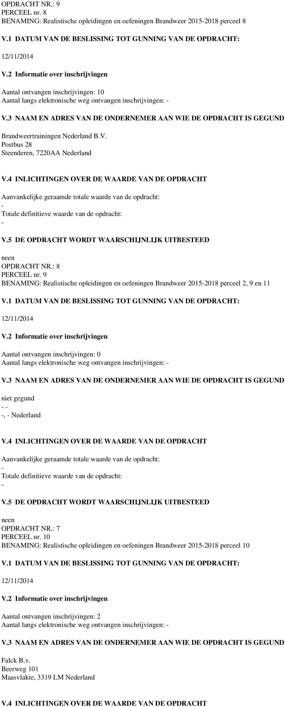 Brandweertrainingen Nederland B.V. Postbus 28 Steenderen, 7220AA Nederland OPDRACHT NR.: 8 PERCEEL nr.