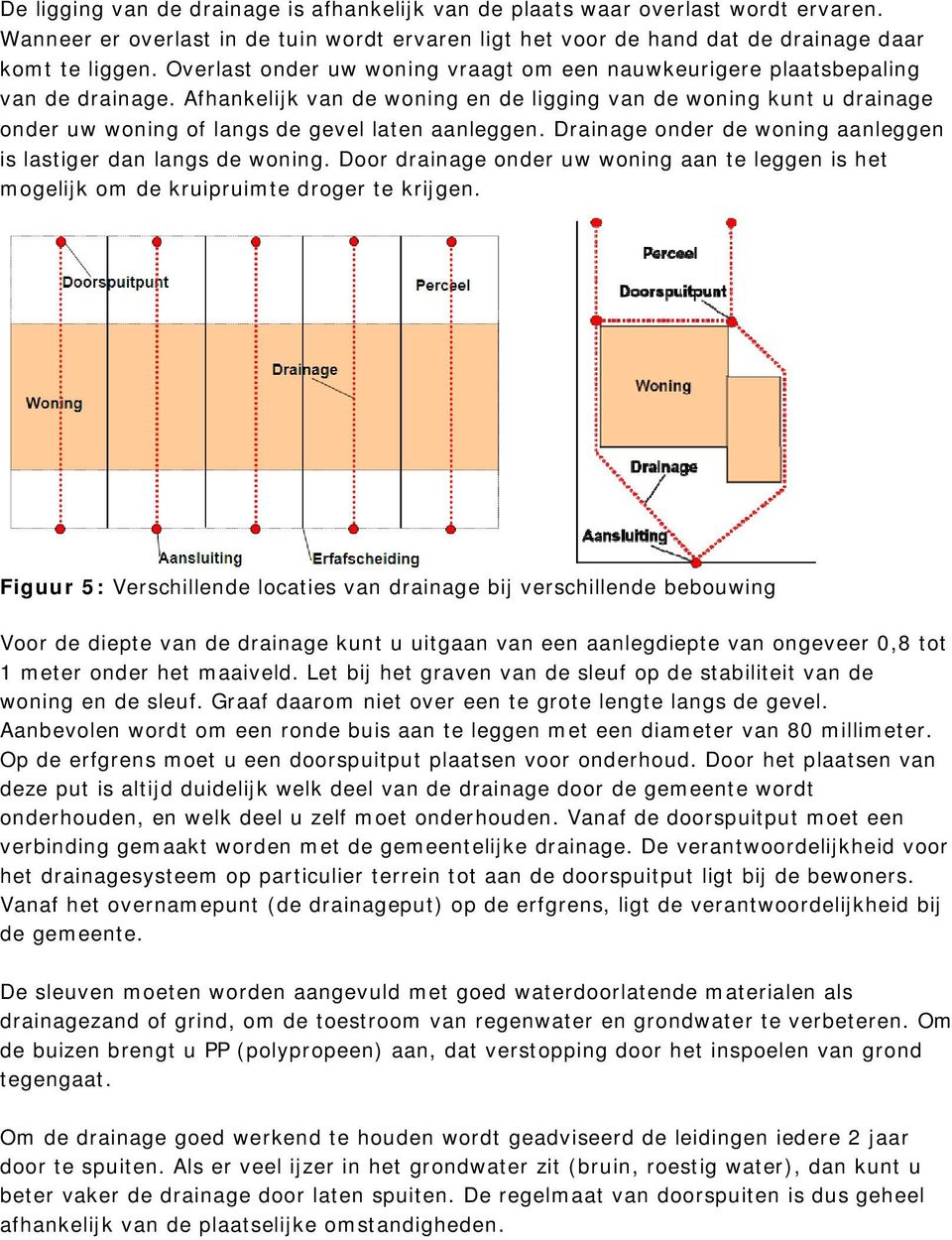 Afhankelijk van de woning en de ligging van de woning kunt u drainage onder uw woning of langs de gevel laten aanleggen. Drainage onder de woning aanleggen is lastiger dan langs de woning.