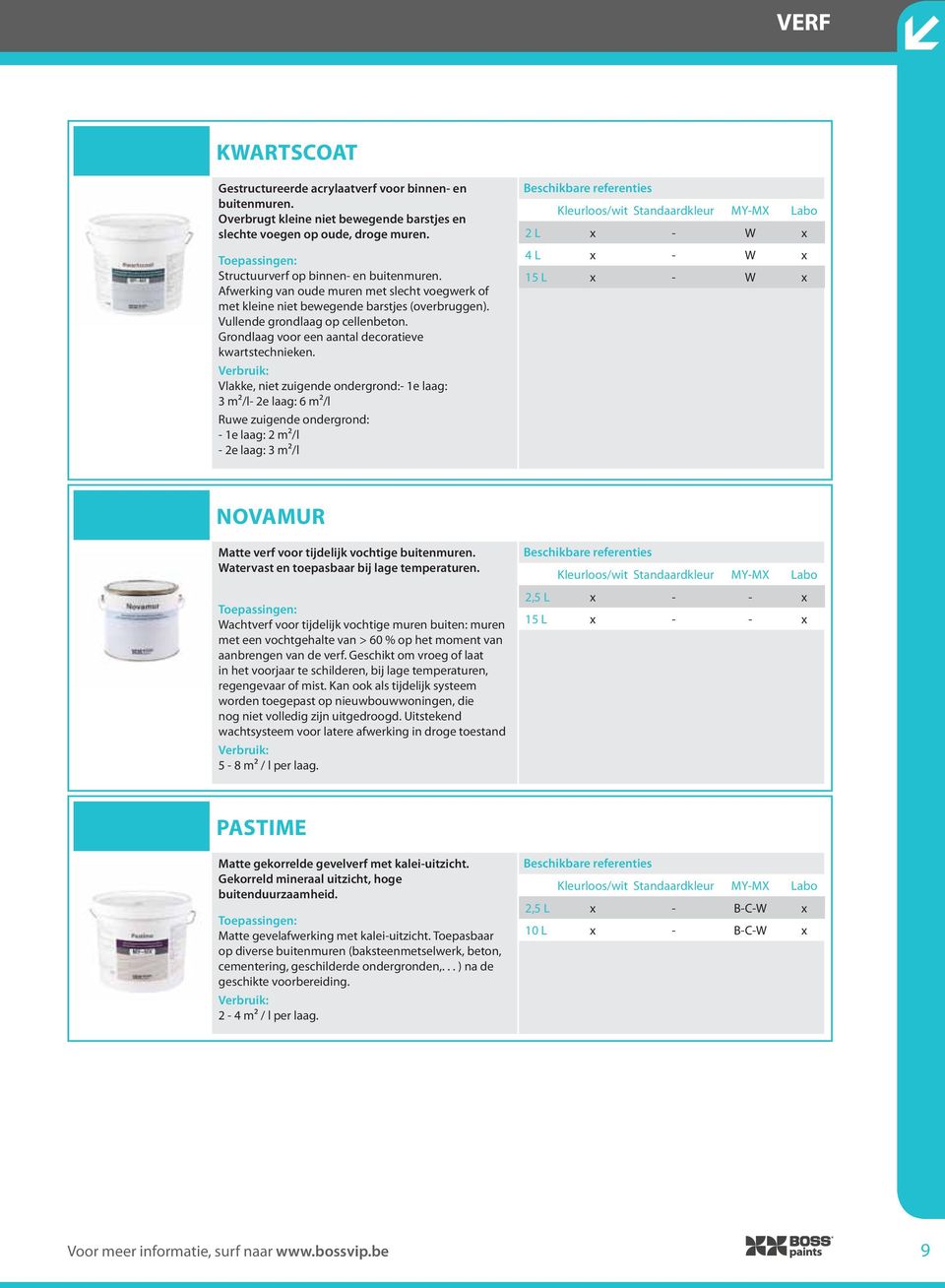 Vlakke, niet zuigende ondergrond:- 1e laag: 3 m²/l- 2e laag: 6 m²/l Ruwe zuigende ondergrond: - 1e laag: 2 m²/l - 2e laag: 3 m²/l Kleurloos/wit Standaardkleur MY-MX Labo 2 L x - W x 4 L x - W x 15 L