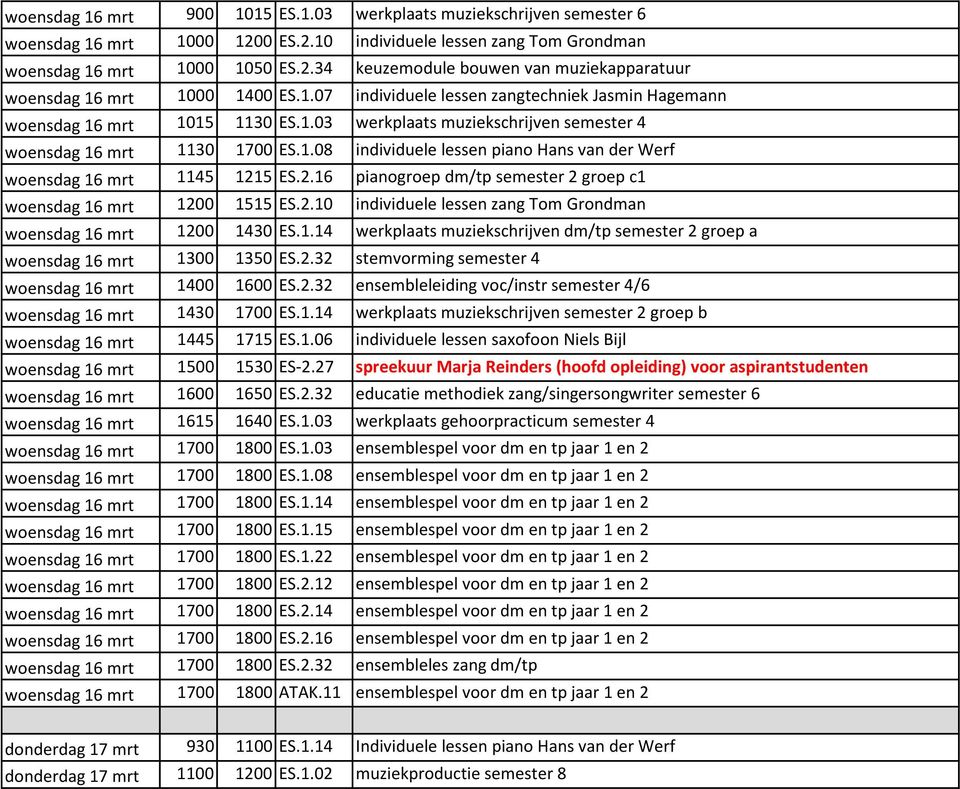 2.16 pianogroep dm/tp semester 2 groep c1 woensdag 16 mrt 1200 1515 ES.2.10 individuele lessen zang Tom Grondman woensdag 16 mrt 1200 1430 ES.1.14 werkplaats muziekschrijven dm/tp semester 2 groep a woensdag 16 mrt 1300 1350 ES.