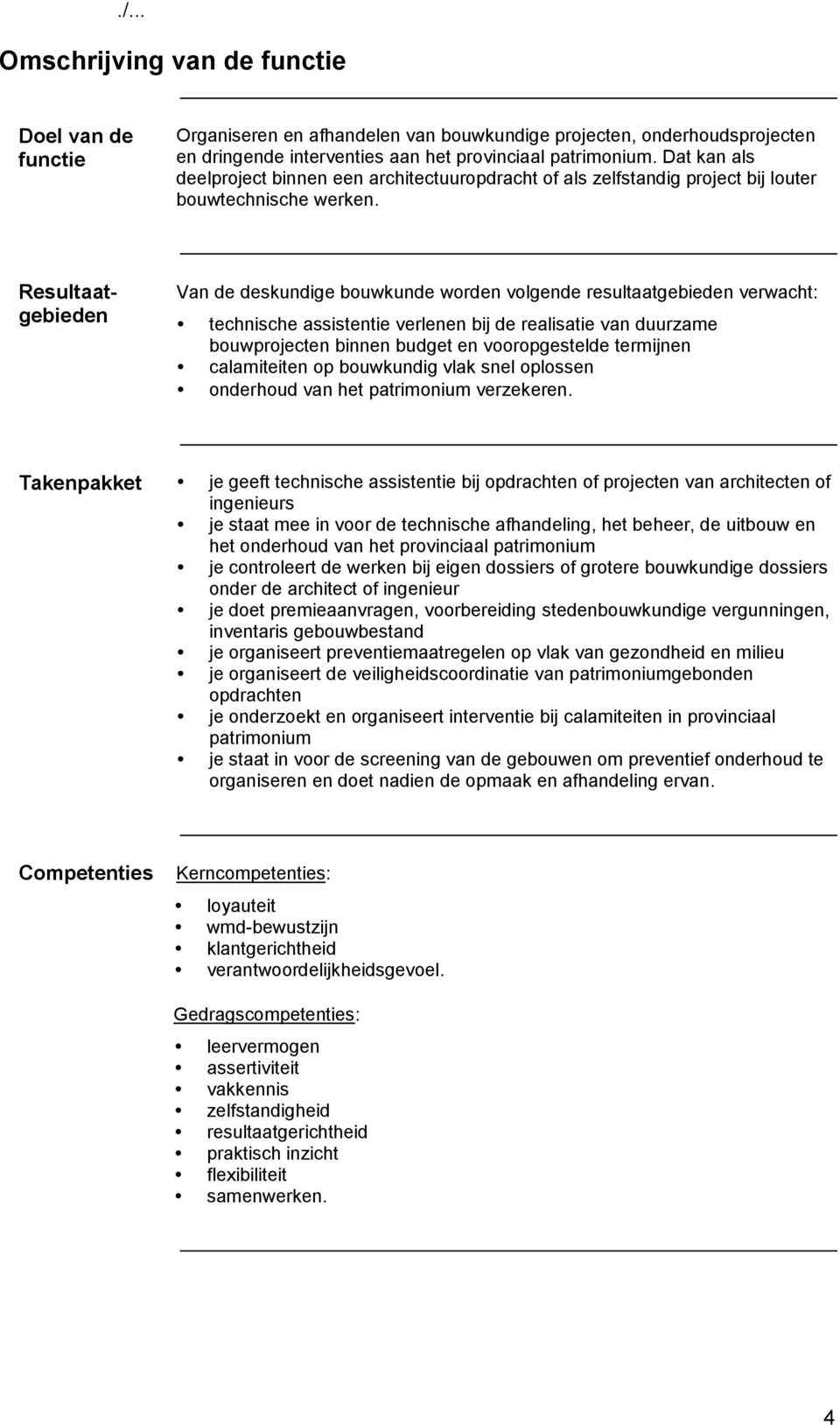 Resultaatgebieden Van de deskundige bouwkunde worden volgende resultaatgebieden verwacht: technische assistentie verlenen bij de realisatie van duurzame bouwprojecten binnen budget en vooropgestelde