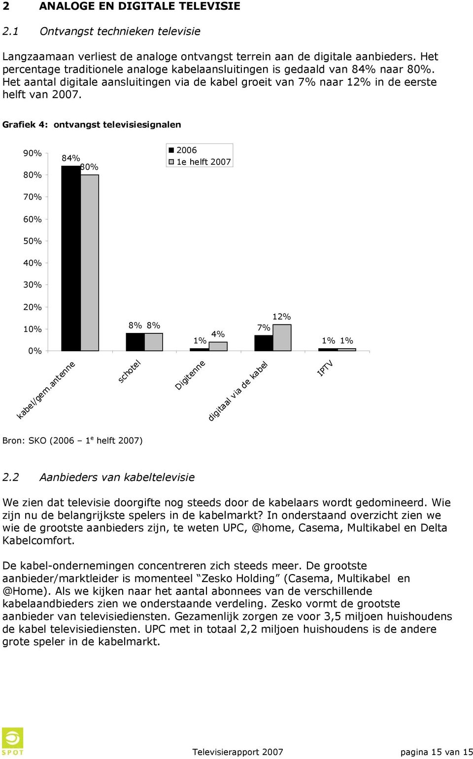 Grafiek 4: ontvangst televisiesignalen 90% 80% 84% 80% 2006 1e helft 2007 70% 60% 50% 40% 30% 20% 10% 0% 8% 8% 1% 4% 12% 7% 1% 1% kabel/gem.