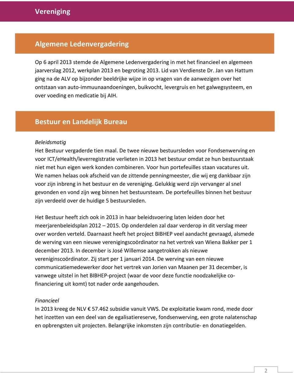 en medicatie bij AIH. Bestuur en Landelijk Bureau Beleidsmatig Het Bestuur vergaderde tien maal.