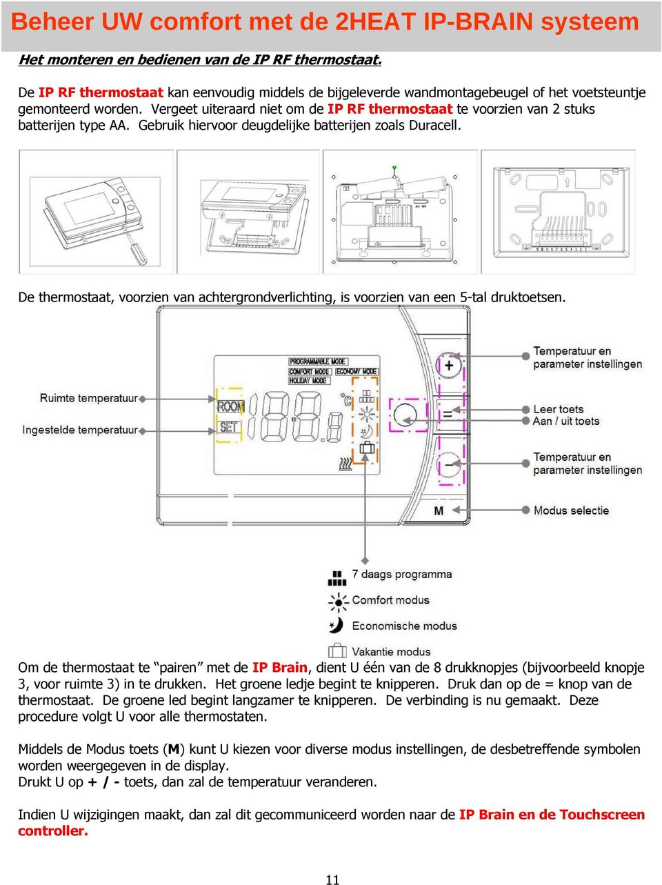 De thermostaat, voorzien van achtergrondverlichting, is voorzien van een 5-tal druktoetsen.