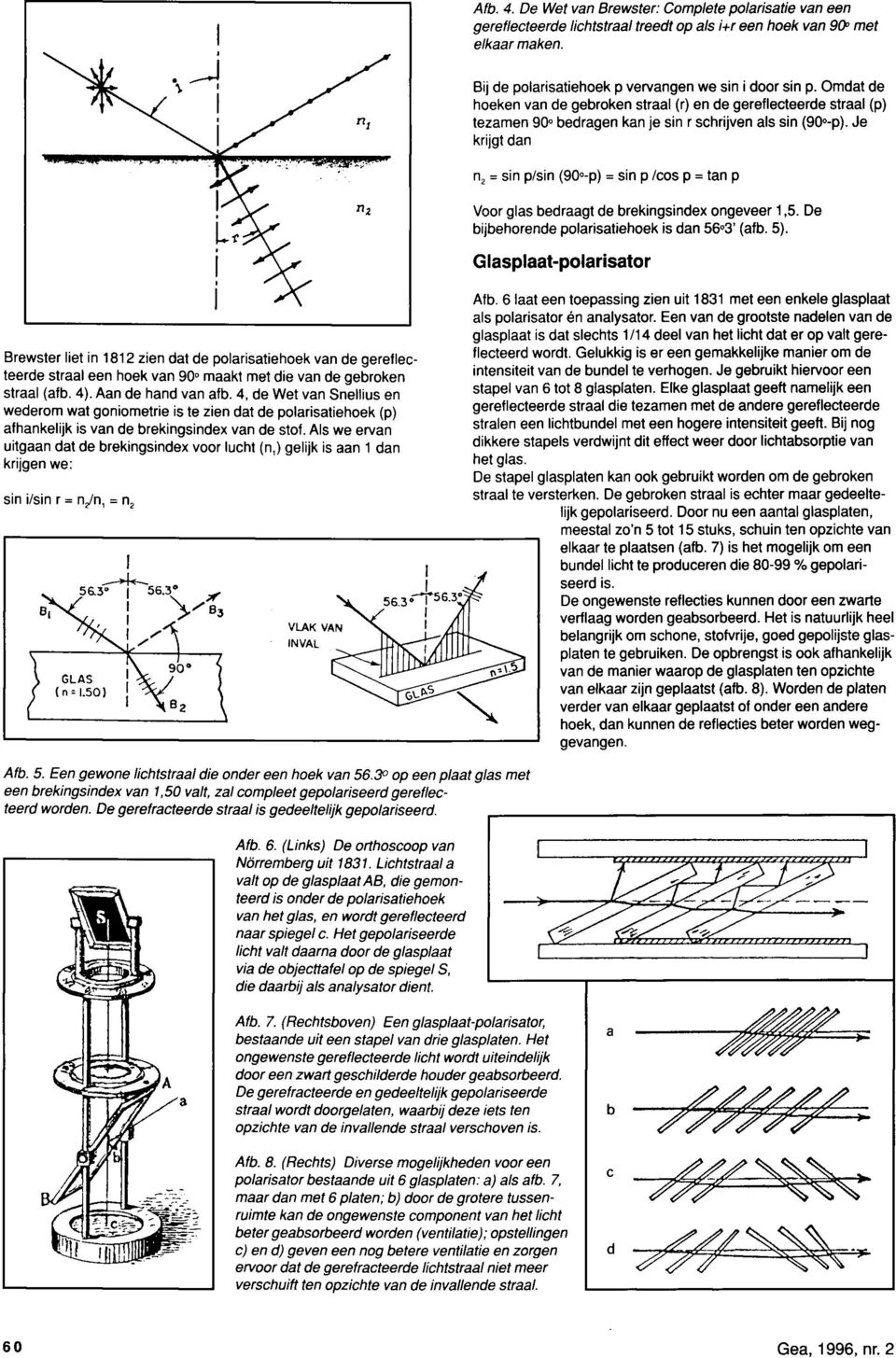 Je krijgt dan n 2 = sin p/sin (90 -p) = sin p /cos p = tan p Voor glas bedraagt de brekingsindex ongeveer 1,5. De bijbehorende polarisatiehoek is dan 56 3' (afb. 5).