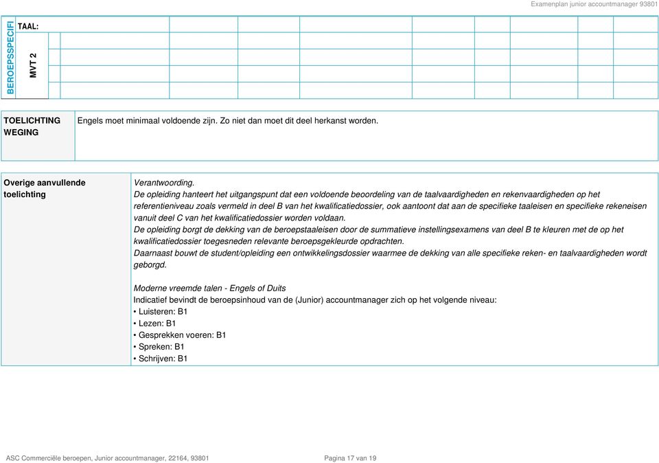 De opleiding hanteert het uitgangspunt dat een voldoende beoordeling van de taalvaardigheden en rekenvaardigheden op het referentieniveau zoals vermeld in deel B van het kwalificatiedossier, ook