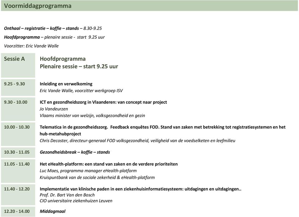 00 ICT en gezondheidszorg in Vlaanderen: van concept naar project Jo Vandeurzen Vlaams minister van welzijn, volksgezondheid en gezin 10.00 10.30 Telematica in de gezondheidszorg.