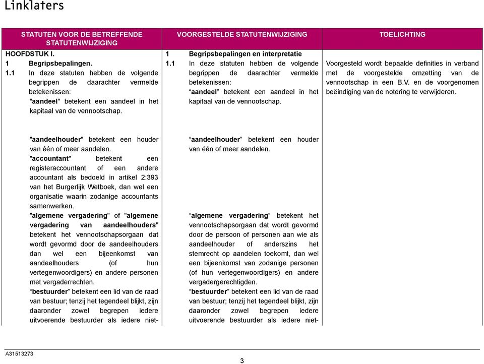 Voorgesteld wordt bepaalde definities in verband met de voorgestelde omzetting van de vennootschap in een B.V. en de voorgenomen beëindiging van de notering te verwijderen.