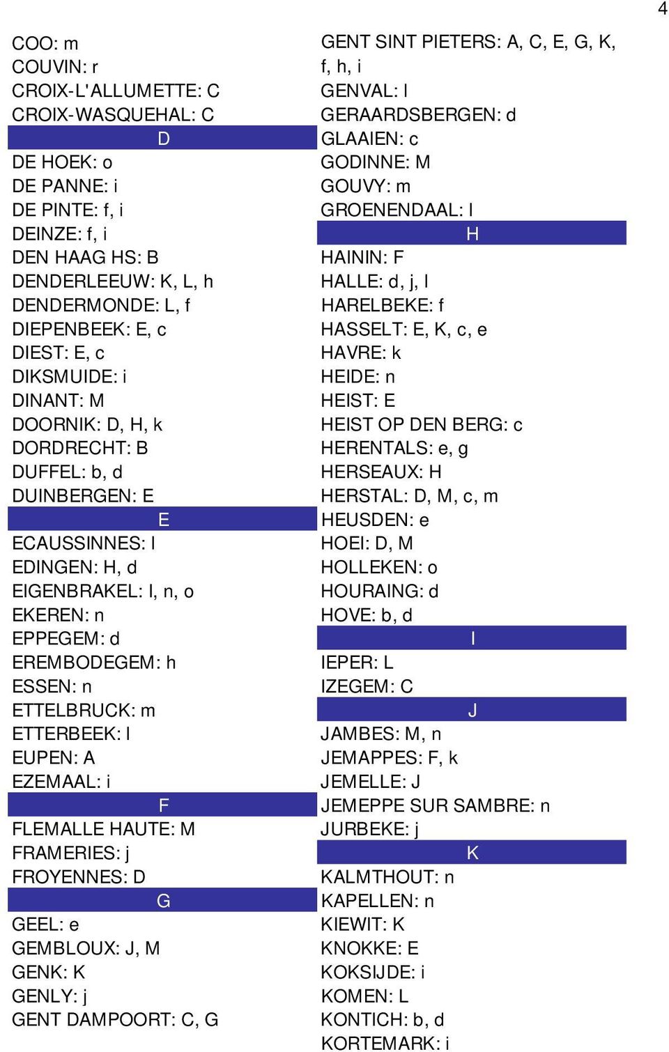 ETTERBEEK: l EUPEN: A EZEMAAL: i F FLEMALLE HAUTE: M FRAMERIES: j FROYENNES: D G GEEL: e GEMBLOUX: J, M GENK: K GENLY: j GENT DAMPOORT: C, G GENT SINT PIETERS: A, C, E, G, K, f, h, i GENVAL: l