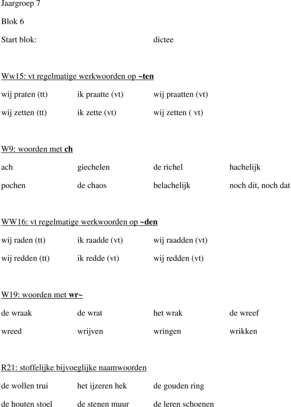 wij raden (tt) ik raadde (vt) wij raadden (vt) wij redden (tt) ik redde (vt) wij redden (vt) W19: woorden met wr~ de wraak de wrat het wrak de wreef wreed