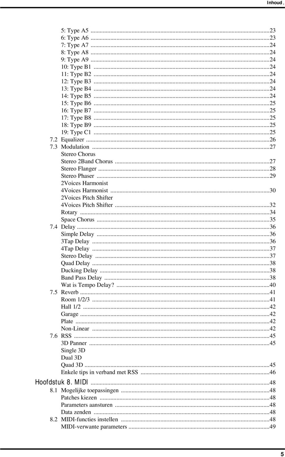 ..29 2Voices Harmonist 4Voices Harmonist...30 2Voices Pitch Shifter 4Voices Pitch Shifter...32 Rotary...34 Space Chorus...35 7.4 Delay...36 Simple Delay...36 3Tap Delay...36 4Tap Delay.